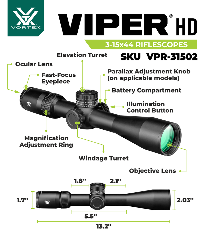 Vortex Optics Viper HD 3-15x44 SFP VMR-3 (MOA) 30mm Tube Riflescope (VPR-31502)