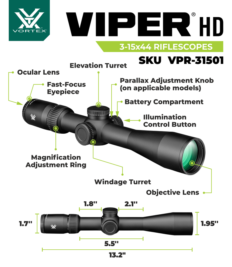 Vortex Optics Viper HD 3-15x44 SFP Dead-Hold BDC MOA Riflescope (VPR-31501)