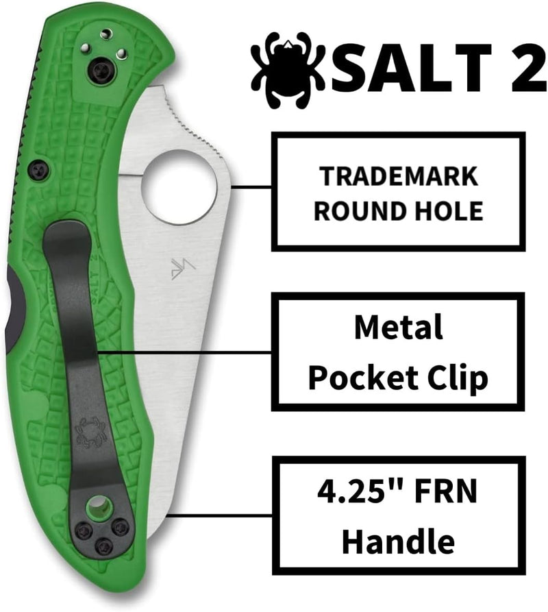 Spyderco Salt 2 Green 3" Plain Edge Folding Pocket Knife (C88FPGR2)