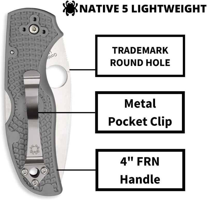 Spyderco Native 5 FRN Grey Maxamet Lightweight 2.95" Plain Edge Folding Pocket Knife (C41PGY5)