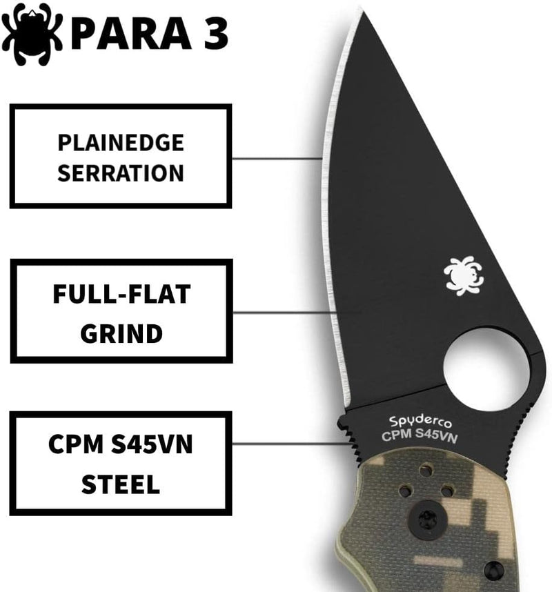 Spyderco Para 3 G-10 Digital Camo Black Blade 2.93" Plain Edge Folding Pocket Knife (C223GPCMOBK)