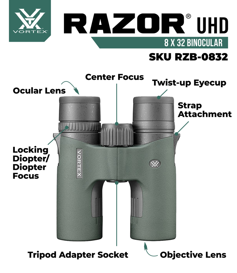 Vortex Optics Razor UHD 8x32 Binoculars & GlassPak Pro Binocular Harness (RZB-0832)