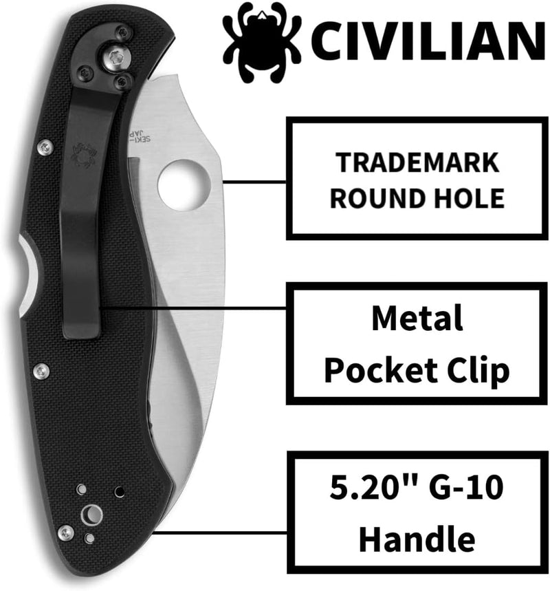 Spyderco Civilian Clipit Black G-10 4.09" SpyderEdge Folding Pocket Knife (C12GS)