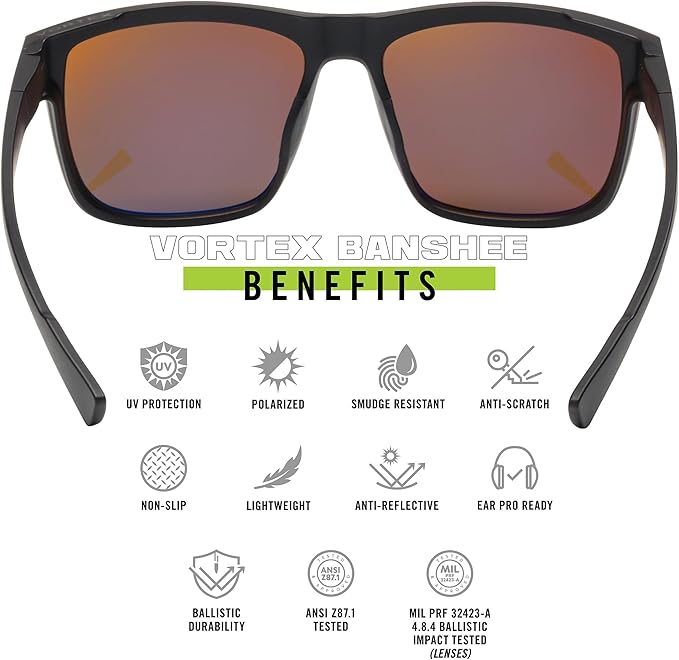 Vortex Optics Banshee Sunglasses UV Protection, Polarized, Ballistic Rated, Black/Amber - Gold Mirror (EBA-BKA-GL)