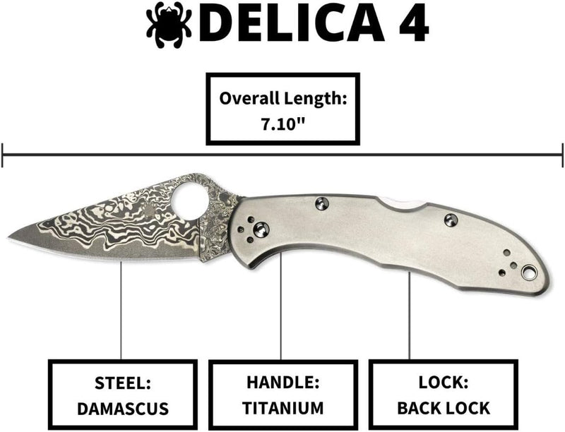 Spyderco Delica 4 Titanium / Damascau VG-10 2.9" Plain Edge Folding Pocket Knife (C11TIPD)