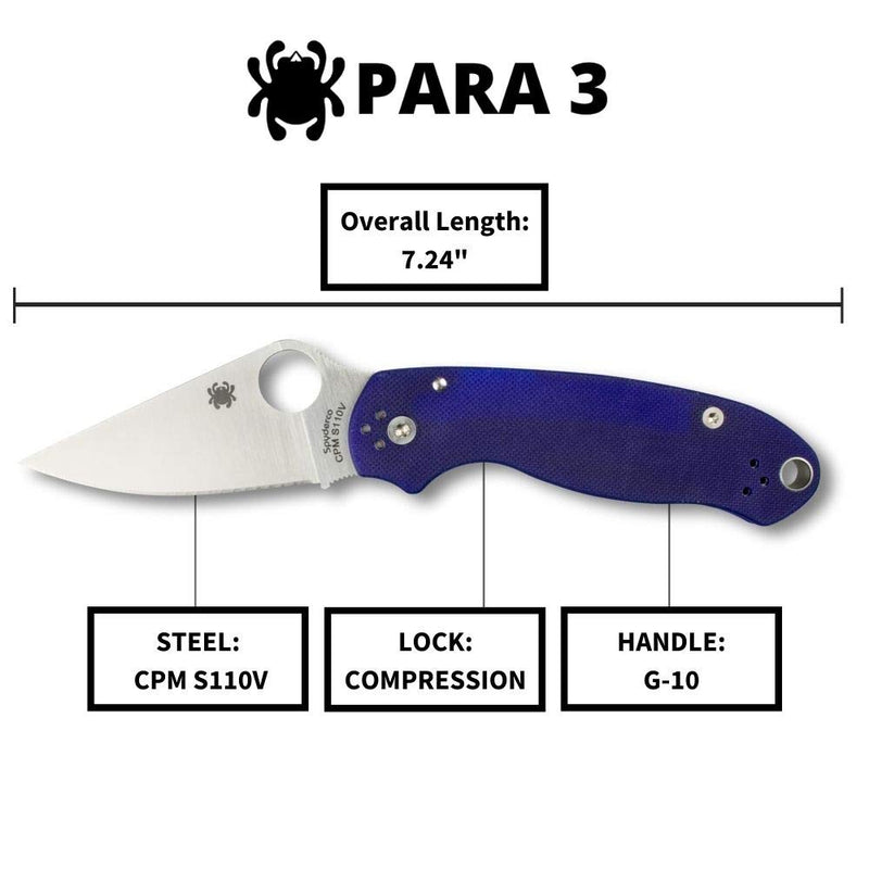 Spyderco Para 3 G-10 Dark Blue CPM S110V 2.93" Plain Edge Folding Pocket Knife (C223GPDBL)