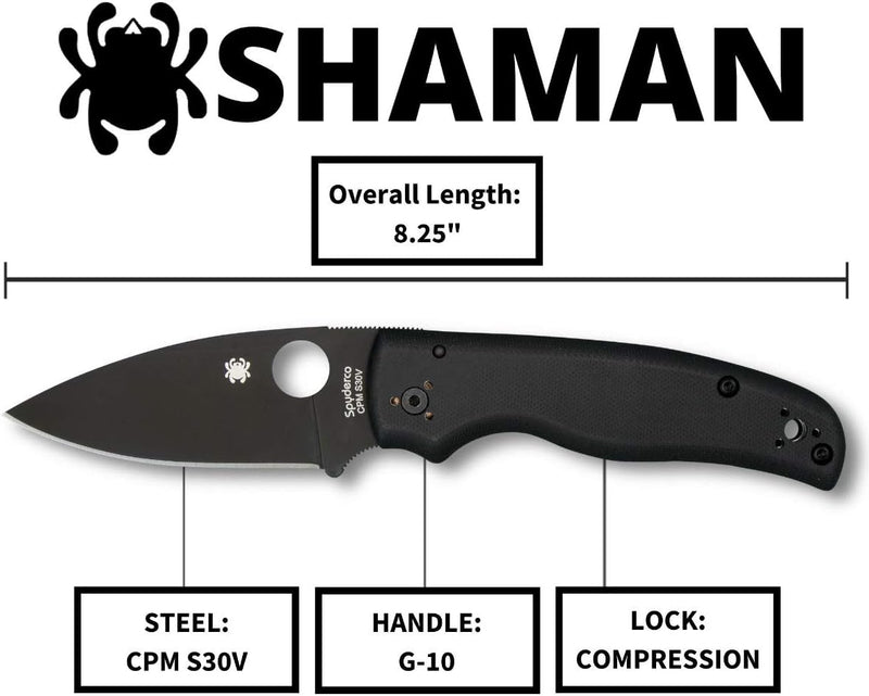 Spyderco Shaman G-10 Black 3.58" Plain Edge Folding Pocket Knife (C229GPBK)