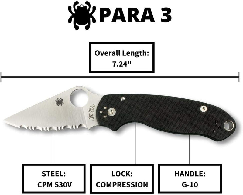 Spyderco Para 3 G-10 Black CPM S45VN 2.93" Serrated Edge Folding Pocket Knife (C223GS)