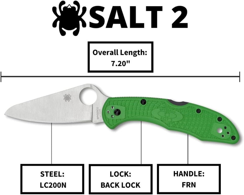 Spyderco Salt 2 Green 3" Plain Edge Folding Pocket Knife (C88FPGR2)