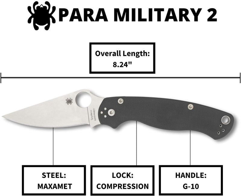 Spyderco ParaMilitary 2 G-10 3.45" Dark Gray Maxamet Plain Edge Folding Pocket Knife (C81GPDGY2)