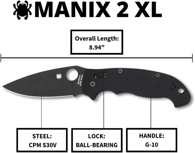 Spyderco Manix 2 XL Black G-10 Blade 3.85" Plain Edge Folding Pocket Knife (C95GPBBK2)