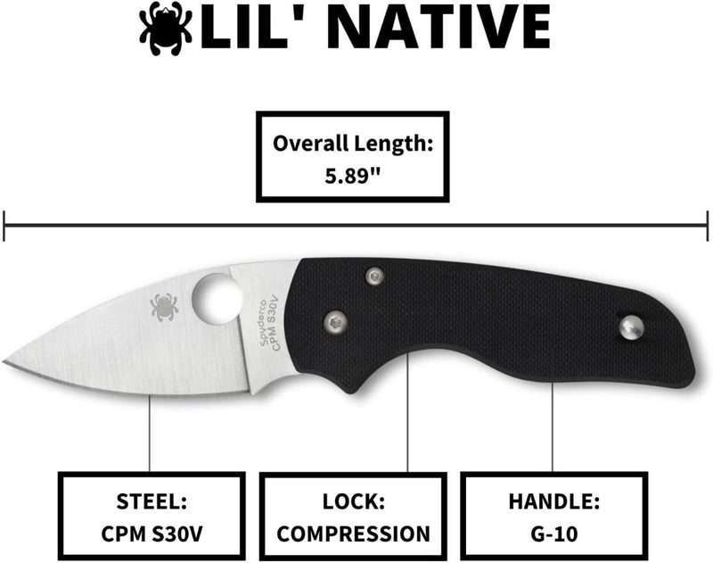 Spyderco Lil' Native G-10 Black 2.42" Plain Edge Folding Pocket Knife (C230GP)