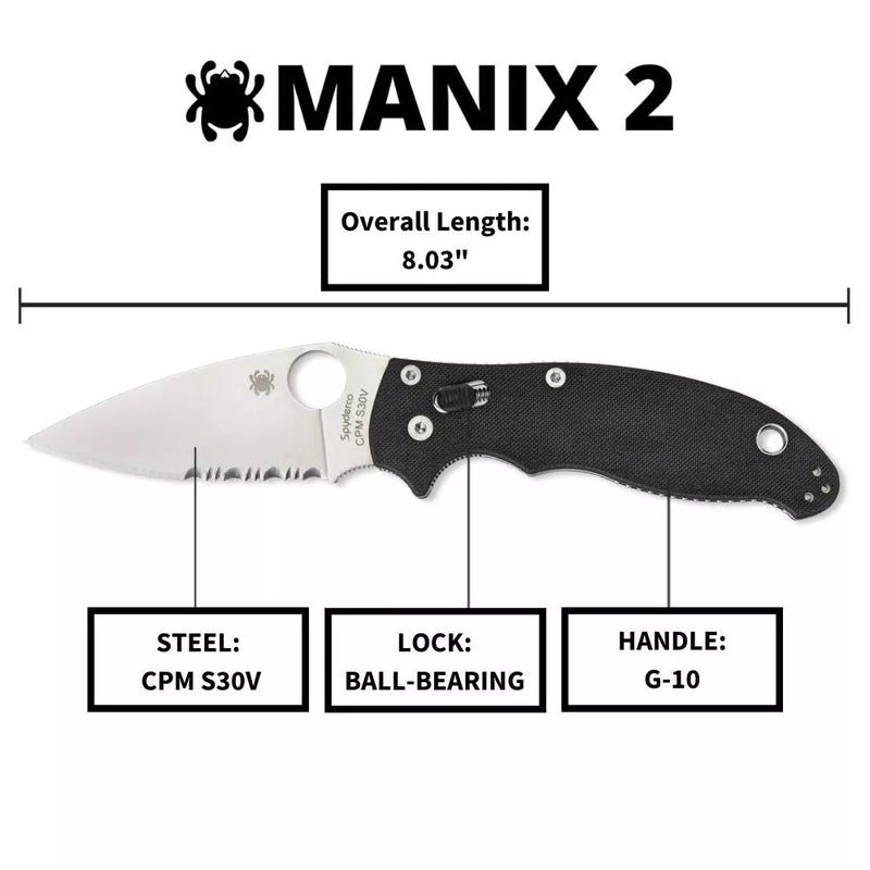 Spyderco Manix 2 Black G-10 CombinationEdge 3.37" Folding Pocket Knife (C101GPS2)