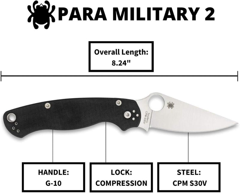 Spyderco ParaMilitary 2 Left Hand Black G-10 3.45" Plain Edge Folding Pocket Knife (C81GPLE2)