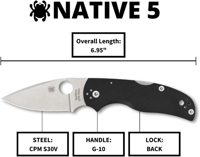 Spyderco Native 5 G-10 Black 2.95" Plain Edge Folding Pocket Knife (C41GP5)