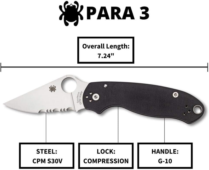 Spyderco Para 3 G-10 Black CPM S45VN 2.93" Combination Edge Folding Pocket Knife (C223GPS)