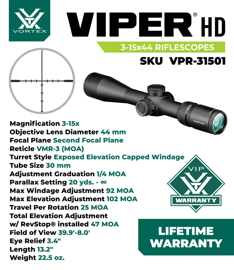 Vortex Optics Viper HD 3-15x44 SFP Dead-Hold BDC MOA Riflescope (VPR-31501)