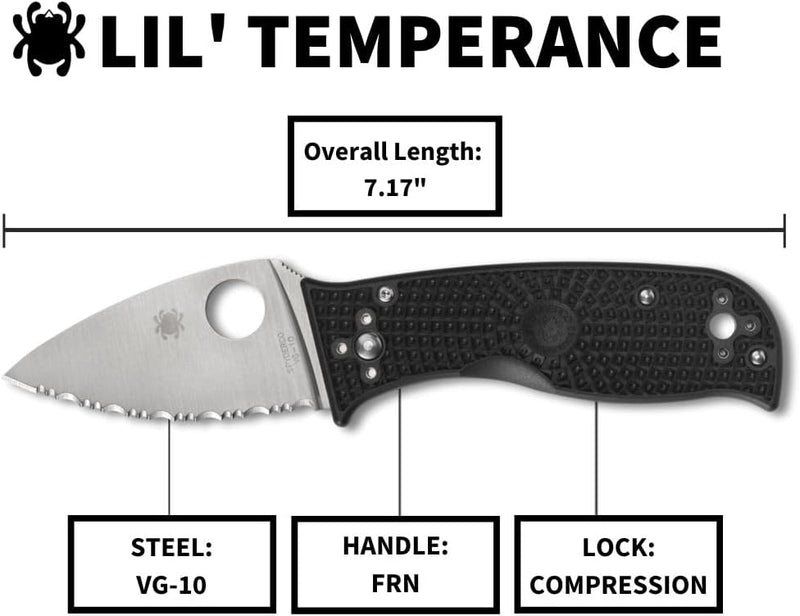 Spyderco Lil' Temperance 3 Lightweight 2.92" Serrated Edge Folding Pocket Knife (C69SBK3)