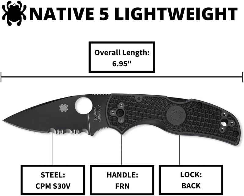 Spyderco Native 5 FRN Black 2.95" Combination Edge Folding Pocket Knife (C41PSBBK5)