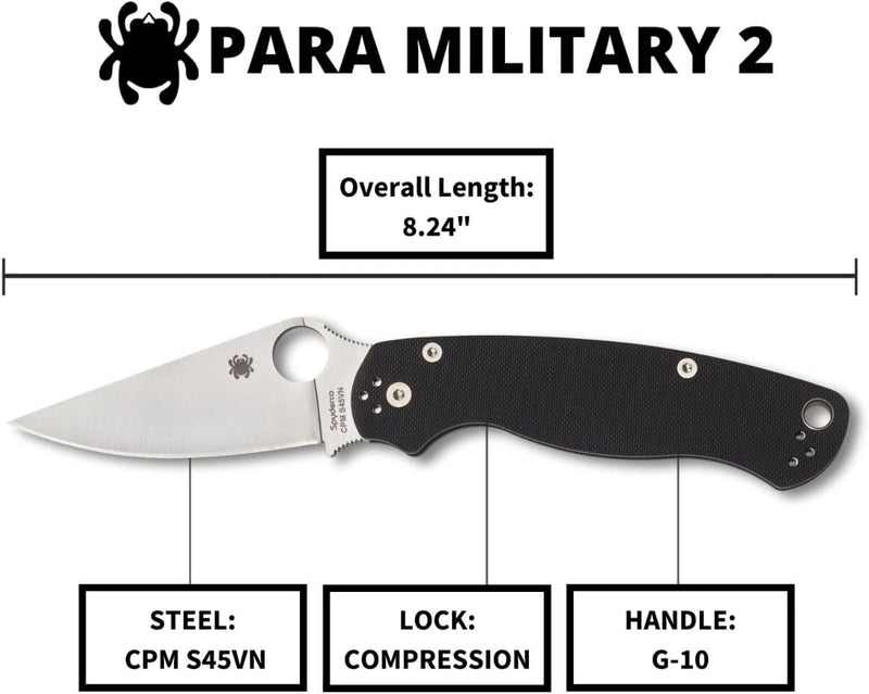 Spyderco ParaMilitary 2 G-10 Black 3.45" Plain Edge Folding Pocket Knife (C81GP2)