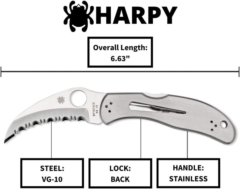 Spyderco Harpy Clipit Stainless 2.75" Serrated Edge Folding Pocket Knife (C08S)