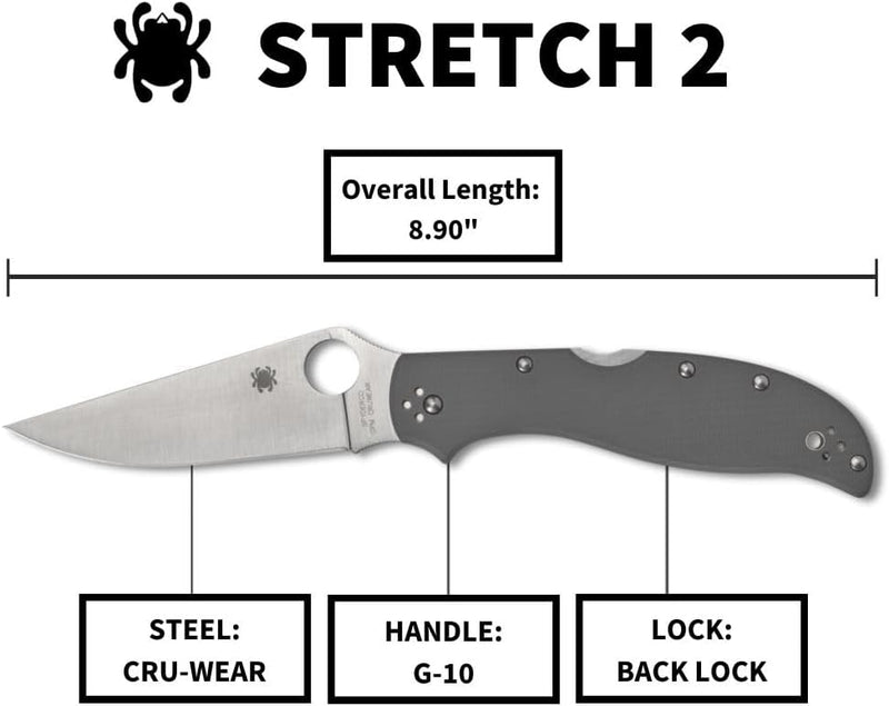 Spyderco Stretch 2 XL Gray G-10 CPM Cru-Wear 3.99" Plain Edge Folding Pocket Knife (C258GPGYCW)