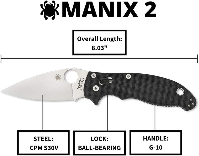 Spyderco Manix 2 Black G-10 3.37" Plain Edge Folding Pocket Knife (C101GP2)