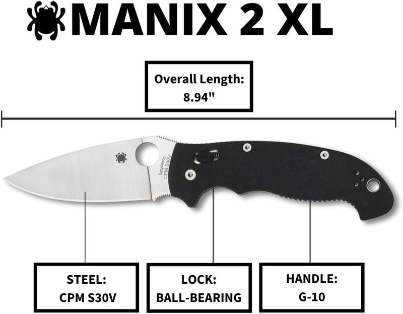 Spyderco Manix 2 XL Black G-10 3.85" Plain Edge Folding Pocket Knife (C95GP2)