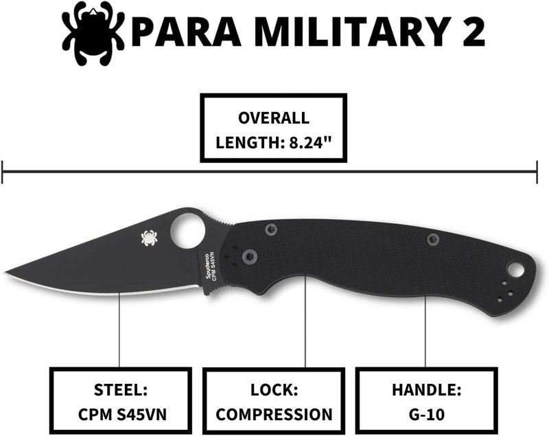 Spyderco Para Military 2 Black 3.45" Plain Edge Folding Pocket Knife (C81GPBK2)