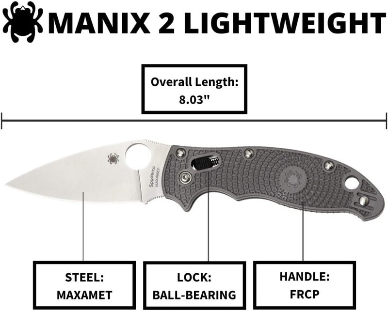 Spyderco Manix 2 Lightweight FRCP Gray Maxamet 3.37" Plain Edge Folding Pocket Knife (C101PGY2)