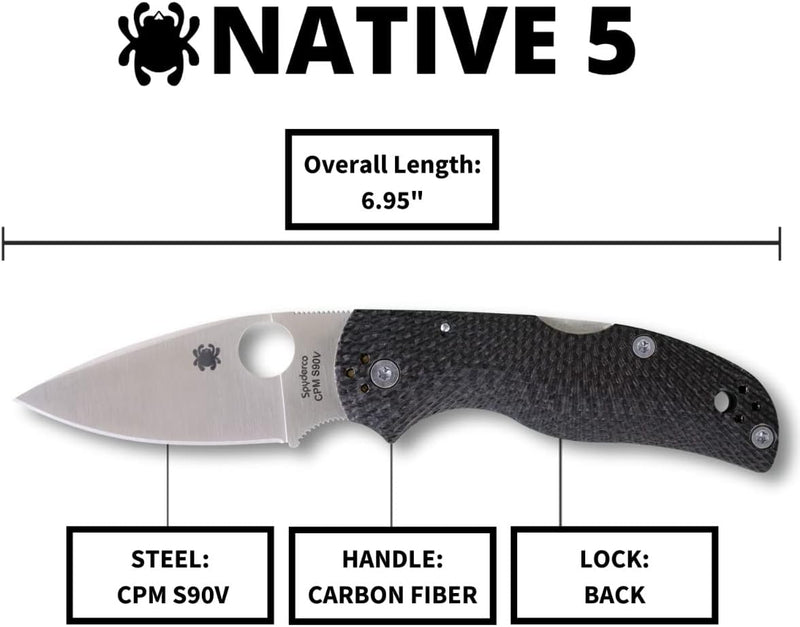 Spyderco Native 5 Fluted Carbon Fiber CPM S90V(420V) 2.95" Plain Edge Folding Pocket Knife (C41CFFP5)