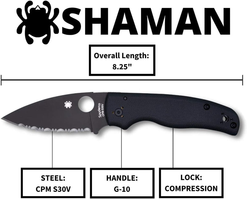 Spyderco Shaman G-10 Black 3.58" Plain Edge Folding Pocket Knife (C229GSBK)