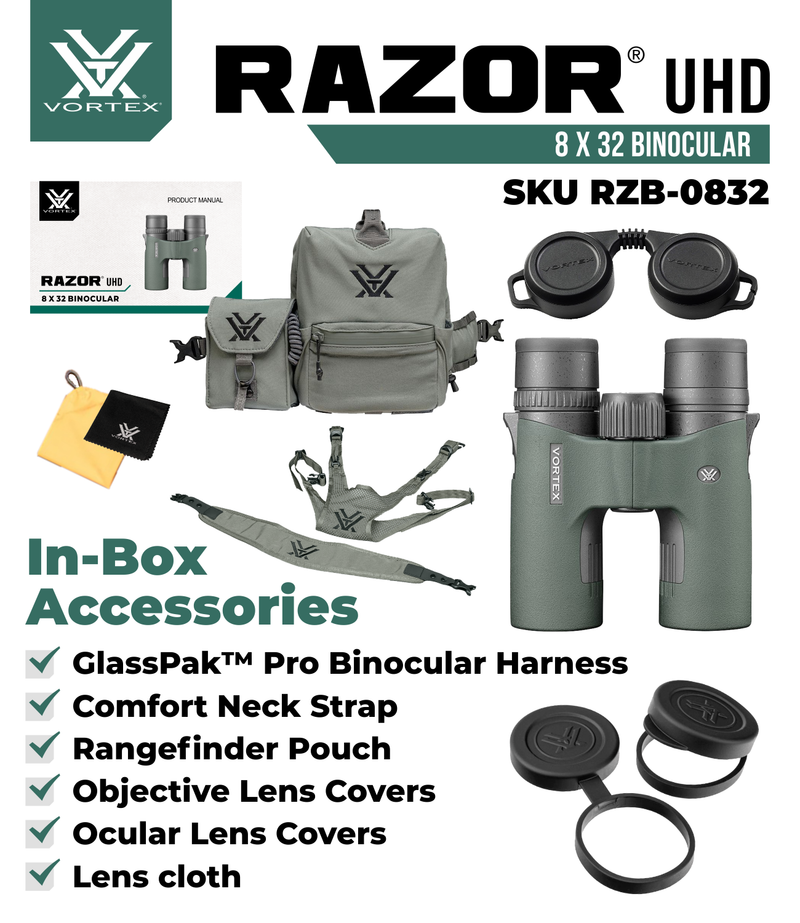 Vortex Optics Razor UHD 8x32 Binoculars & GlassPak Pro Binocular Harness (RZB-0832)