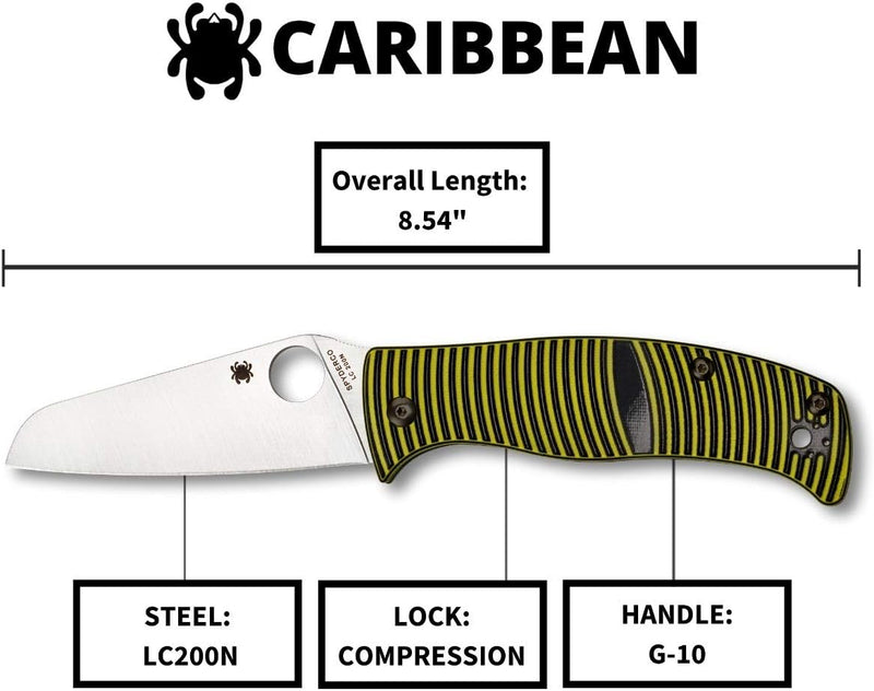 Spyderco Caribbean G-10 Black/Yellow Sheepfoot Plain 3.7" Folding Pocket Knife (C217GPSF)