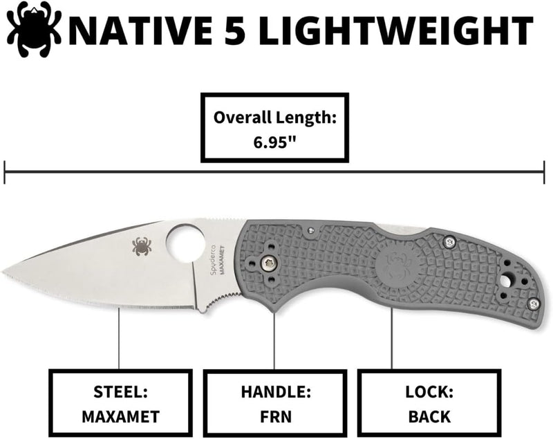 Spyderco Native 5 FRN Grey Maxamet Lightweight 2.95" Plain Edge Folding Pocket Knife (C41PGY5)