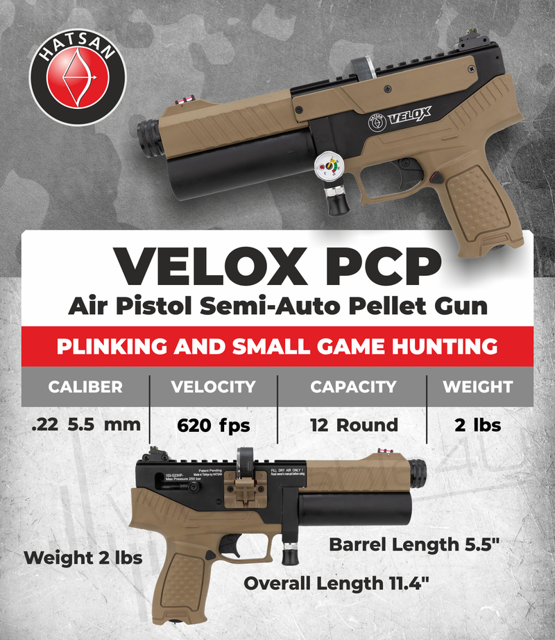 Hatsan Velox PCP Air Pistol .22 or .25 Cal Semi-Auto Pellet Gun, up to 580 FPS, 20 Joules, 12 RDS