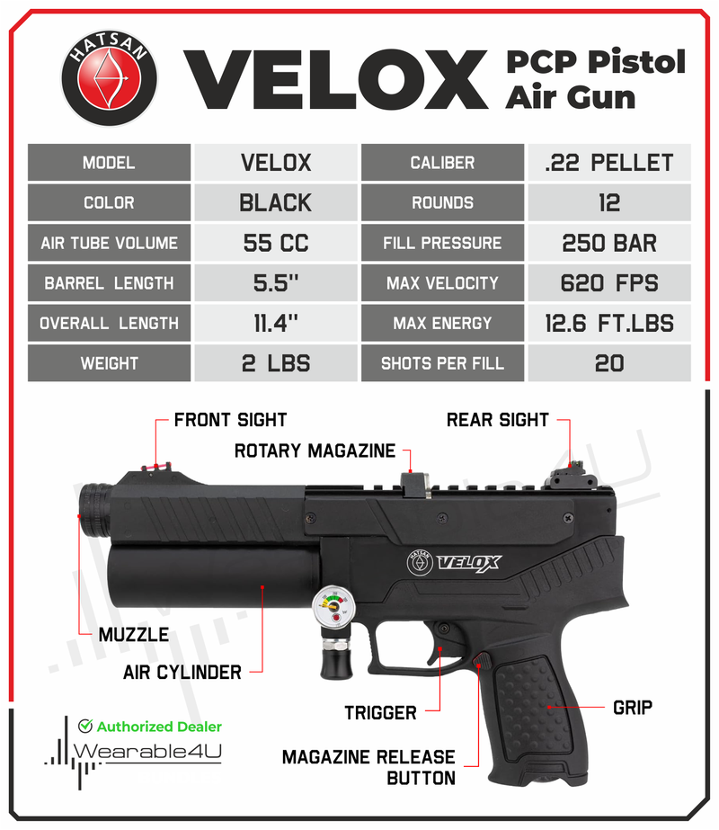 Hatsan Velox PCP Air Pistol .22 or .25 Cal Semi-Auto Pellet Gun, up to 580 FPS, 20 Joules, 12 RDS