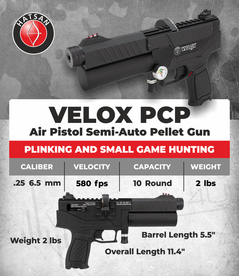 Hatsan Velox PCP Air Pistol .22 or .25 Cal Semi-Auto Pellet Gun, up to 580 FPS, 20 Joules, 12 RDS