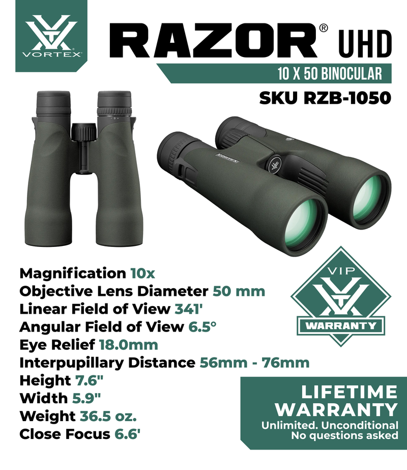 Vortex Optics Razor UHD 10x50 Waterproof Binocular (RZB-1050)