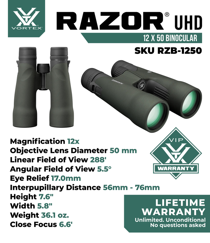 Vortex Optics Razor UHD 12x50 Waterproof Binocular (RZB-1250)