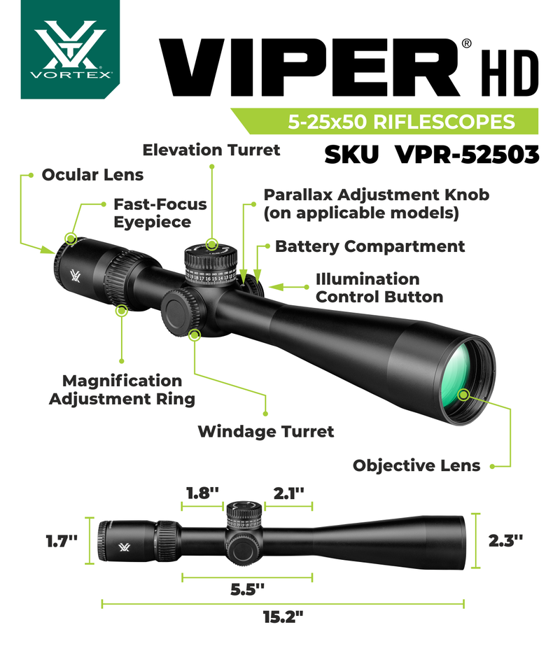 Vortex Optics Viper HD 5-25x50 SFP Second Focal Plane VMR-3 MOA 30mm Tube Riflescope (VPR-52503)