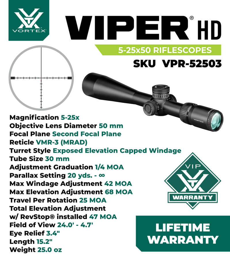 Vortex Optics Viper HD 5-25x50 SFP Second Focal Plane VMR-3 MOA 30mm Tube Riflescope (VPR-52503)