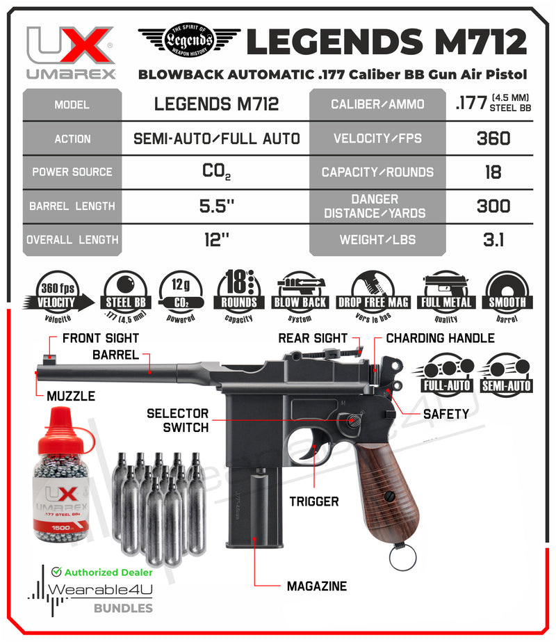 Legends M712 Blowback Automatic .177 Caliber BB Gun Air Pistol with Wearable4U 12 Pack CO2 Tanks and .177 Cal Steel BBS Bundle