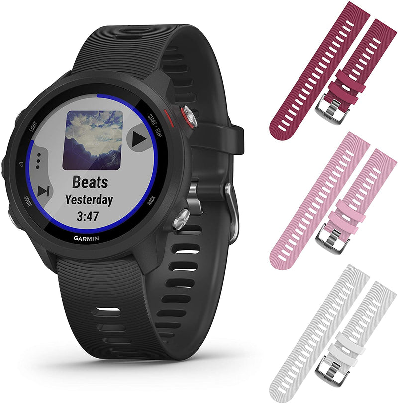 Garmin Forerunner 245 Music GPS Running Smartwatch with Included Wearable4U 3 Straps Bundle (Black Music 010-02120-20, Berry/Pink/White)