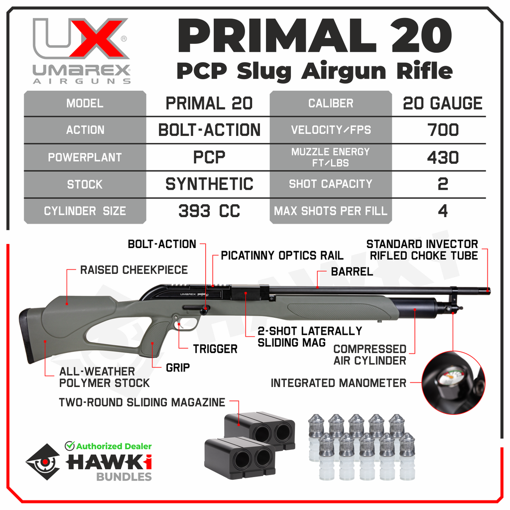 Umarex UX Primal 20 Air Rifle 20 gauge (2254835) with 10x 395 gr Pelle ...