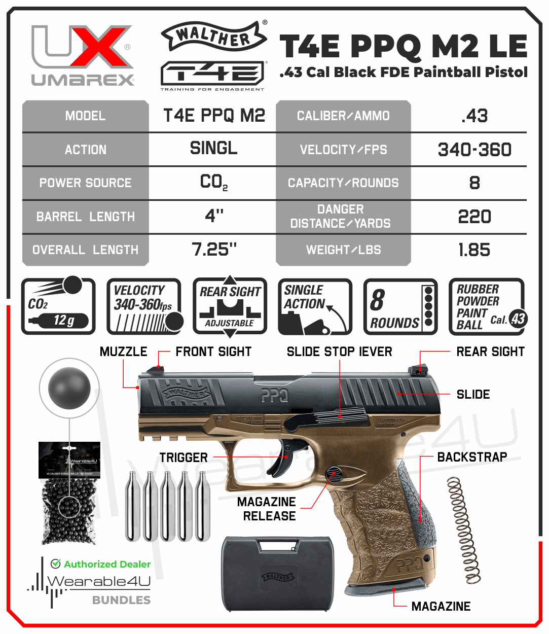 Umarex T4E Walther PPQ .43 Caliber Paintball Pistol - Marker