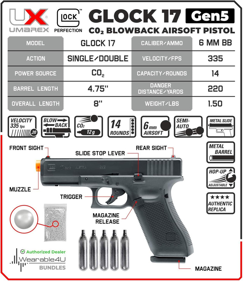 Umarex Glock G17 Gen5 C02 Blowback Airsoft Pistol with 5xCO2 Tanks and Pack of 1000 6mm Plastic BBs Bundle