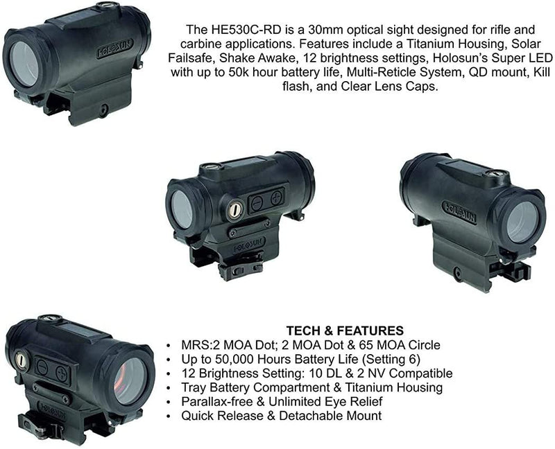 Holosun HE530C-RD 30mm Optical Titanium Housing Solar Failsafe Red Dot Sight