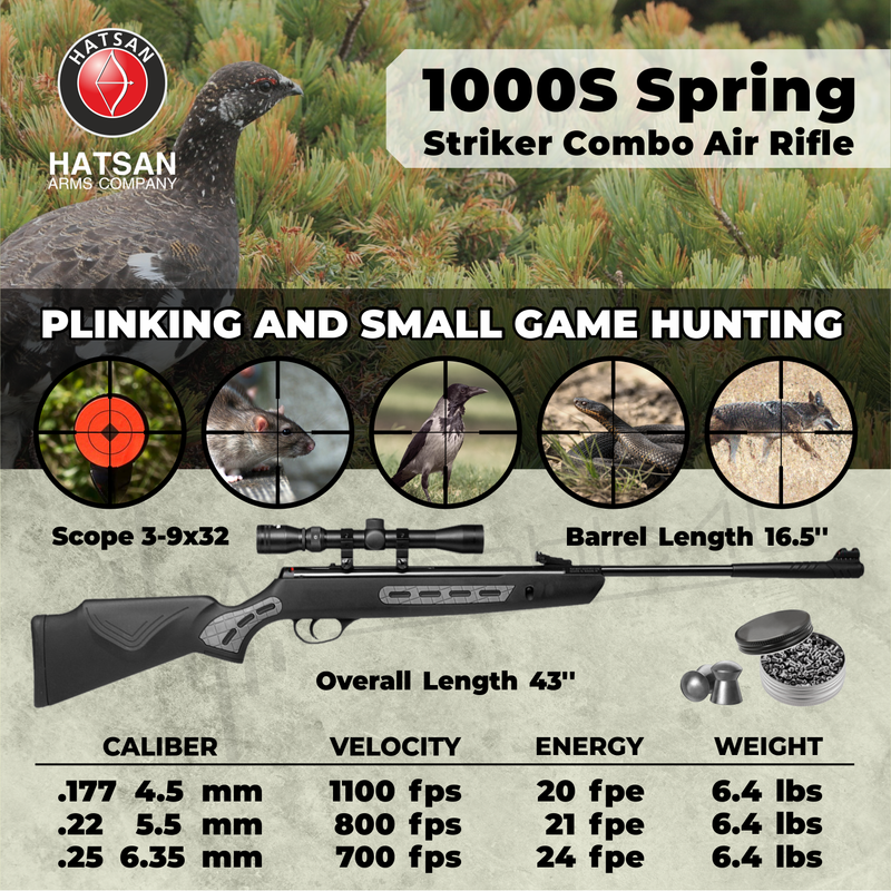 Hatsan 1000S Spring Striker Air Rifle Combo .22 Caliber with Wearable4U .22 cal 250ct Pellets and 100x Paper Targets Bundle