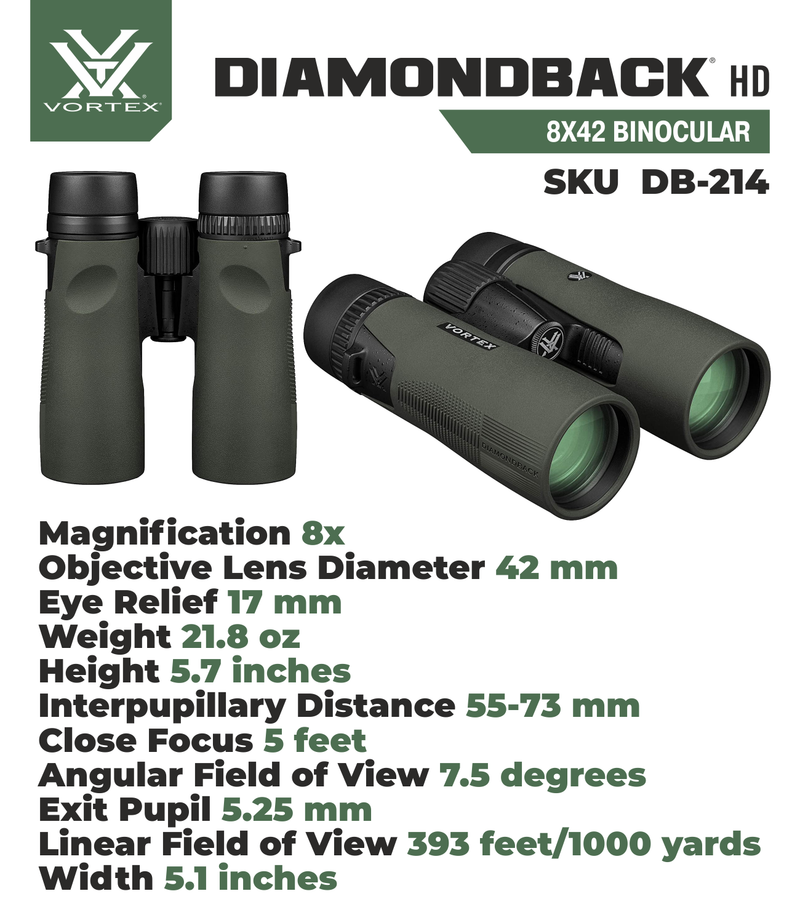 Vortex Optics DB-214 Diamondback HD 8x42 Binocular with Free Hat Bundle